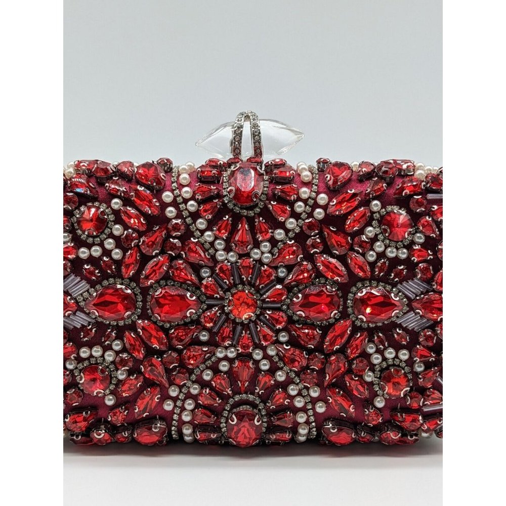 INC Ranndi beaded embellished crystal clutch minaudiere - RED/SILVER - Picture 3 of 14